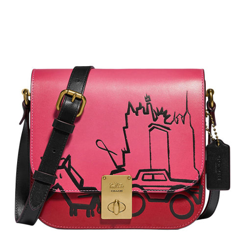 COACH/蔻馳  HUTTON系列女士玫紅色小牛皮拼接涂層帆布抽象天際線馬車涂鴉印花旋鈕開合翻蓋單肩包斜挎包馬鞍包女包 5464B4RKK