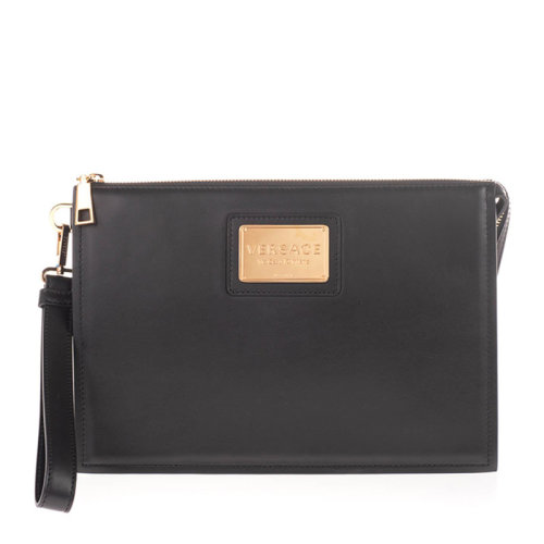 VERSACE/范思哲 男士黑色小牛皮金屬字母徽標(biāo)裝飾拉鏈開合手拿包公文包錢包男包 DP87631-DVIT88-D41TR