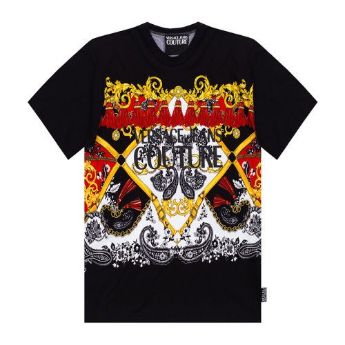 VERSACE JEANS/范思哲牛仔 男士黑色棉質經(jīng)典字母徽標印花裝飾圓領短袖上衣T恤 B3GZA7KA-30327-899