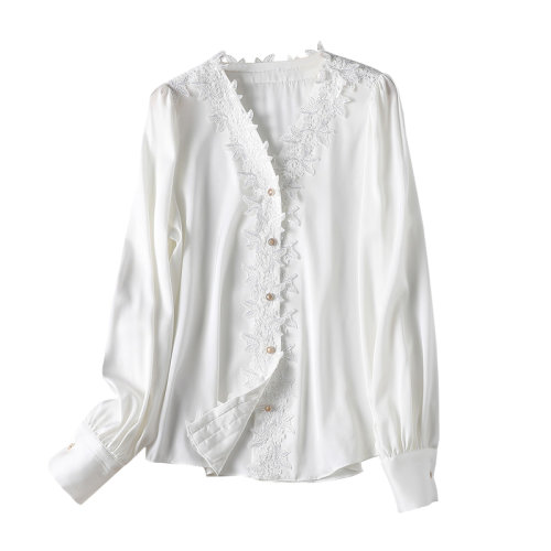 GeleiStory/GeleiStory 春夏新款輕奢美立體花朵珠片刺繡V領(lǐng)長袖真絲襯衫女蠶絲上衣女裝女士襯衫＞女士長袖襯衫