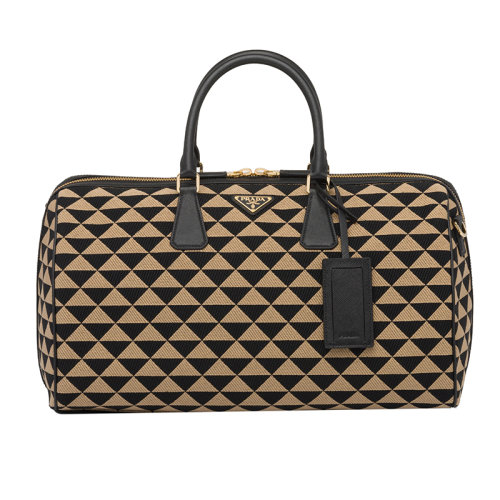 PRADA/普拉達(dá) 22新款Symbole系列 男士黑色/米色三角雙色拼接效果織物配皮徽標(biāo)金扣單肩手提包2VC034_2FKL_F0Y30_V_OOO