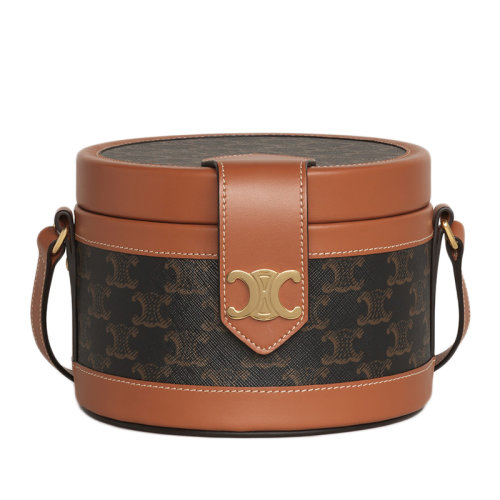 CELINE/賽琳 新款TAMBOUR系列 女士中號(hào)凱旋門帆布棕色小牛皮桶包單肩包195192BZJ.04LU