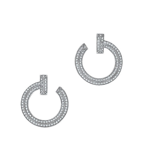Tiffany & Co./蒂芙尼 Tiffany T系列 18K金白金鑲鉆T1開口式圈形耳環(huán)68408148