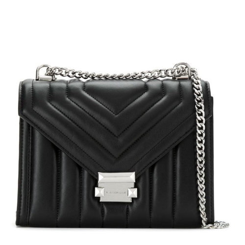 Michael Kors/邁克·科爾斯  女士黑色皮質(zhì)經(jīng)典款翻蓋皮質(zhì)拼鏈條肩帶時尚單肩包斜挎包