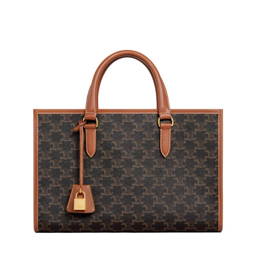 CELINE/賽琳 22新款 女士迷你款棕褐色老花帆布皮革飾邊橫款單肩手提托特包199742BZJ.04LU