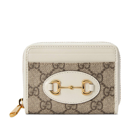 GUCCI/古馳 Horsebit 1955系列 女士米色烏木色GG帆布白色皮革飾邊馬銜扣細(xì)節(jié)拉鏈卡包?65854992TCG9761