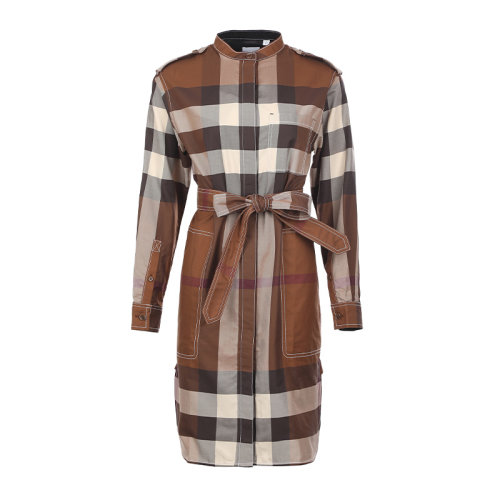 BURBERRY/博柏利22春夏格紋棉府綢束腰襯衫式女士連衣裙8048726