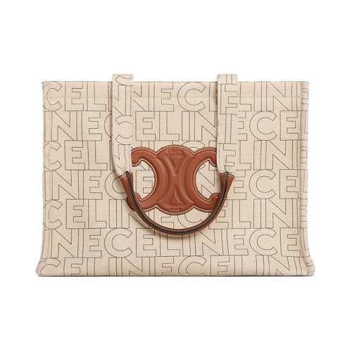 CELINE/賽琳 23春夏新款 女士大號(hào)自然色/棕褐色織物配皮通體印花手提托特包196762ERQ.02NT