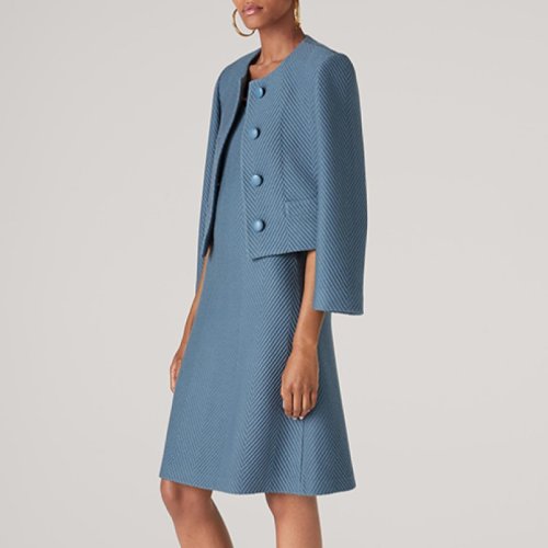 St.John/盛薔藍(lán)色羊毛人字紋針織短款女士夾克外套K6110E1