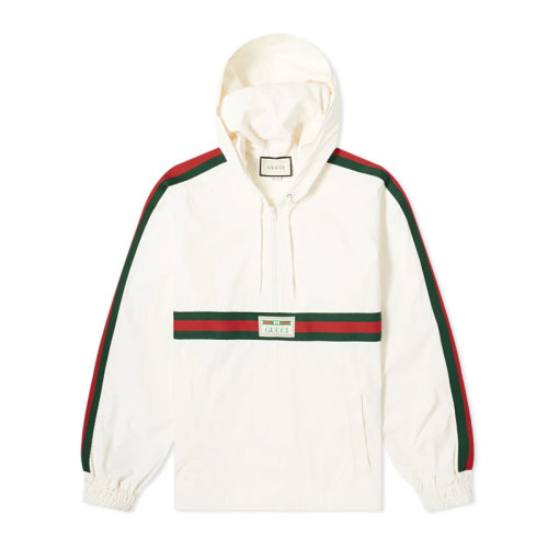 GUCCI/古馳  男裝 服裝 白色棉質(zhì)抽繩式連帽上衣多色拼接套頭衫經(jīng)典LOGO款 男士衛(wèi)衣