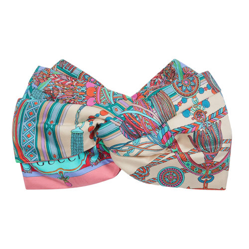 GUCCI/古馳女士粉色和紅色桑蠶絲流蘇和鏈條印花真絲發(fā)帶6637043GC025874