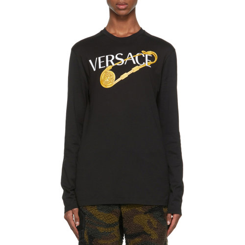 VERSACE/范思哲 男士黑色棉質(zhì)徽標(biāo)印花長(zhǎng)袖T恤 1001748-1A00932-1B000