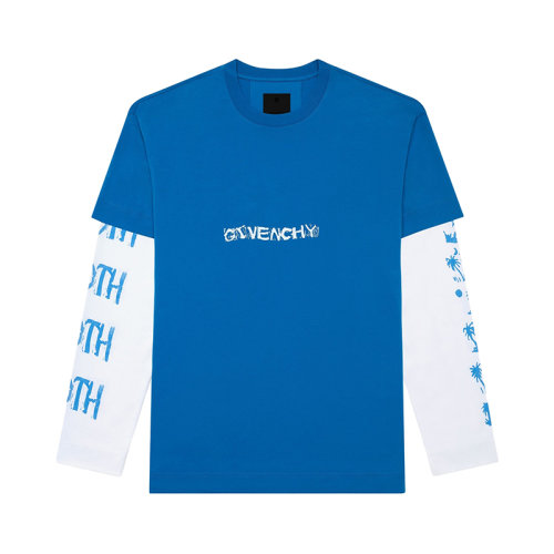 Givenchy/紀(jì)梵希 22年秋冬新款 Josh Smith系列 男士亮藍(lán)色純棉藝術(shù)風(fēng)格印花假兩件長(zhǎng)袖T恤BM71C63Y6B-430