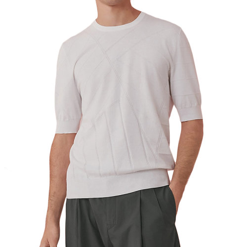HERMES/愛馬仕 22年春夏新款 男士白色純棉縐紗面料帆船絎縫圖案短袖T恤H257390HA90SM