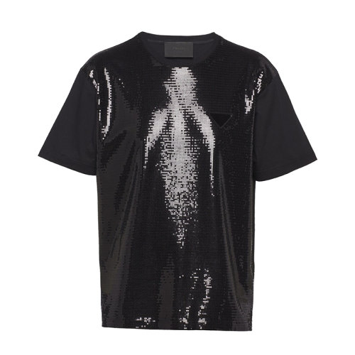 PRADA/普拉達(dá) 22年早春新款 男士黑色亮片裝飾棉質(zhì)短袖T恤UJN782_1Z5Y_F0002_S_221