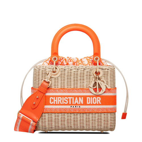 DIOR/迪奧 22新款LADY DIOR系列 女士中號(hào)柳條編織熒光橙色老花抽繩設(shè)計(jì)小袋單肩斜挎手提包M0565OMVD_M057