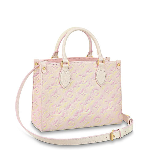 Louis Vuitton/路易威登 22新款ONTHEGO系列 女士小號淺粉色噴繪效果老花壓印粒面牛皮革金扣配可拆卸肩帶單肩手提托特包M46168