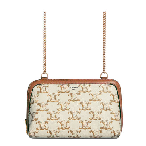CELINE/賽琳  女士白色凱旋印花涂層帆布黃褐色小羊皮飾邊鏈條單肩斜挎手拿包10E382CBX.01TA