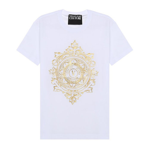 VERSACE JEANS/范思哲牛仔 男士白色經(jīng)典字母徽標(biāo)印花裝飾圓領(lǐng)短袖上衣T恤 71GAHF05-CJ00F-G03