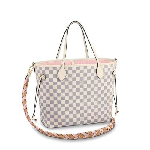 Louis Vuitton/路易威登 22春夏新款NEVERFULL系列 女士中號天藍(lán)色棋盤格帆布皮革飾邊細(xì)節(jié)金扣配可拆卸小袋多色編織肩帶抽繩開合手提托特包N45295