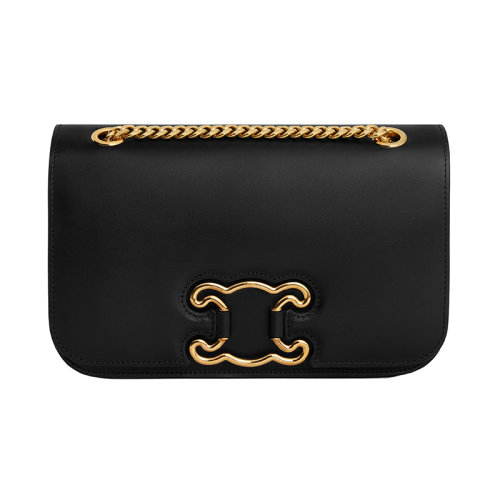 CELINE/賽琳 22新款 TRIOMPHE系列 女士中號(hào)黑色小牛皮金色飾面磁扣開(kāi)合斜挎肩背包199813EPA.38NO