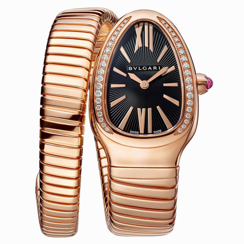 BVLGARI/寶格麗 手表配有18K金玫瑰金表殼和螺旋手鏈 鑲有明亮式切割鉆石 黑色不透明表盤 SERPENTI TUBOGAS石英手表 35毫米101815