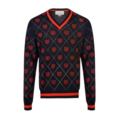 GUCCI/古馳 羊毛紅色虎頭刺繡 菱格紋 V領(lǐng) 拼色 男士針織衣毛衣 474320 X1464 4703