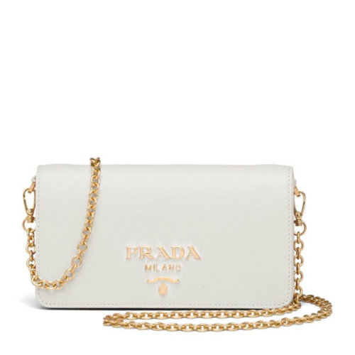 PRADA/普拉達 女士白色皮革Saffiano皮革徽標迷你單肩包鏈條包女包 1BP023-NZV-F0009