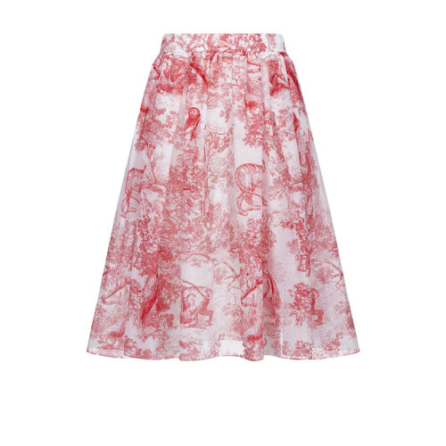 DIOR/迪奧 22年春夏新款 女士紅色純棉薄紗茹伊印花喇叭半身裙221J90A3802_X0817