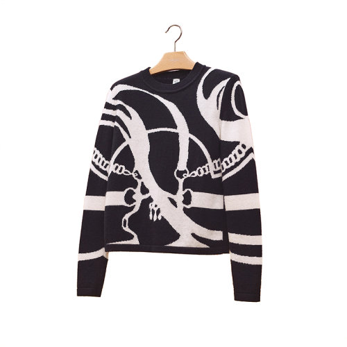 HERMES/愛(ài)馬仕 22年秋冬新款 女士黑色羊絨飾Promenade du Matin嵌花圖案長(zhǎng)袖套頭衫毛衣H2H2664D20234