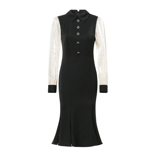 GeleiStory/GeleiStory 春秋新款連衣裙 時尚洋氣拼接西裝領(lǐng)波點(diǎn)長袖拼接顯瘦小黑裙 女裝＞女士裙裝＞女士連衣裙