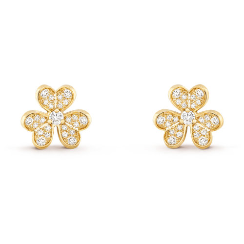 Van Cleef & Arpels/梵克雅寶 經(jīng)典Frivole系列 18k金黃金鑲嵌鉆石滿鉆迷你三瓣花朵耳釘VCARP24200