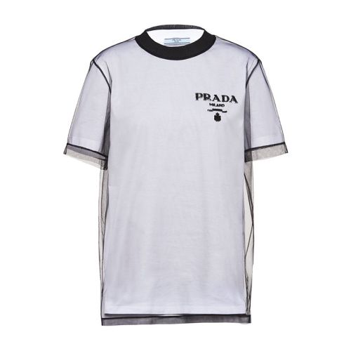 PRADA/普拉達 22年早春新款 女士黑白色刺繡薄紗平紋針織棉質(zhì)短袖T恤3579AR_1Z5S_F0964_S_221