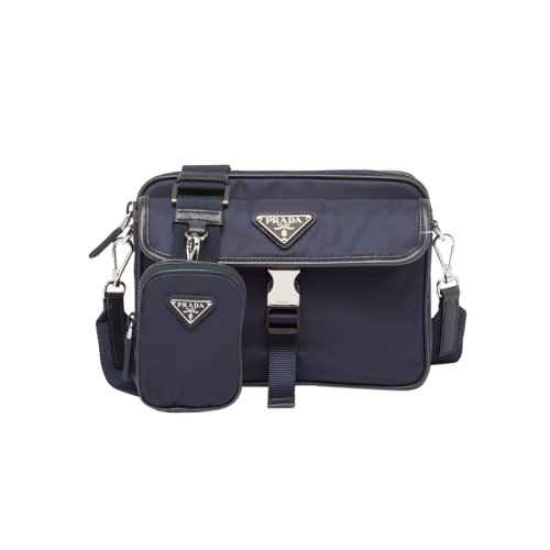 PRADA/普拉達(dá) 22新款 男士黑色Saffiano皮革和再生尼龍徽標(biāo)銀扣單肩背包2VH133_2DMH_F0008_V_XMP