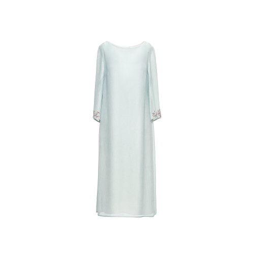 HUI/卉 女士連衣裙20春夏新款薄暮綠色連衣裙圓領(lǐng)袖口刺繡設(shè)計(jì)中長(zhǎng)裙