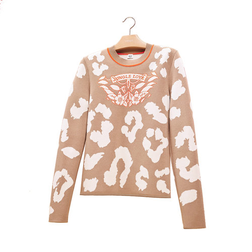 HERMES/愛馬仕 22年秋冬新款 女士米色真絲混紡Jungle Love Fluo圖案印花圓領(lǐng)長袖套頭衫毛衣H2H2646DUD134