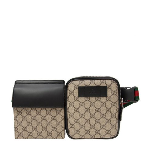 GUCCI 古馳 GG Supreme系列 女士棕色黑色帆布皮革組合包斜挎包腰包胸包