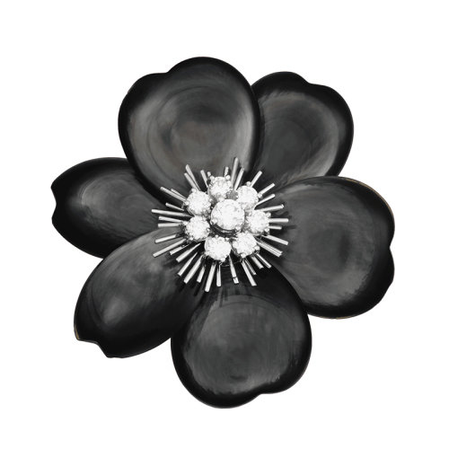 Van Cleef & Arpels/梵克雅寶 經(jīng)典Rose de No?l系列 18k金白金灰色珍珠母貝鑲嵌鉆石大號(hào)玫瑰胸針VCARA53500