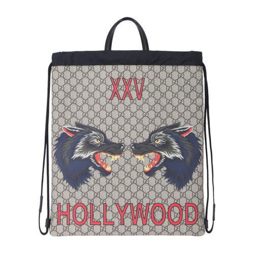 GUCCI/古馳 男士黑咖拼色PVC配皮狼頭圖案經(jīng)典雙G印花抽繩開(kāi)合手提包雙肩包旅行包背包男包 473872-9HVCT-8697