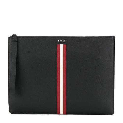 BALLY/巴利 男士黑色牛皮經(jīng)典字母徽標紅白條紋裝飾拉鏈開合公文包手拿包手拿袋手包腕包男包 6232052