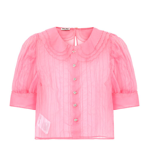 MiuMiu/繆繆 粉色 女士宮廷風(fēng)泡泡袖歐亙紗襯衫 MT1519_401_F0028