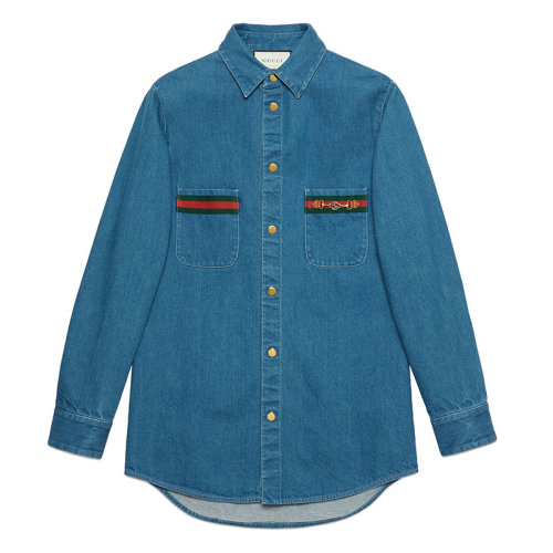 GUCCI/古馳 藍(lán)色純棉 男士長(zhǎng)袖牛仔襯衫626480XDBCG4447