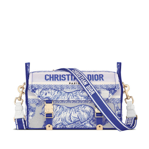 DIOR/迪奧 22新款DIORCAMP系列 女士小號(hào)熒光藍(lán)色透明效果帆布茹伊印花單肩斜挎手提郵差包M1241ORVJ_M808