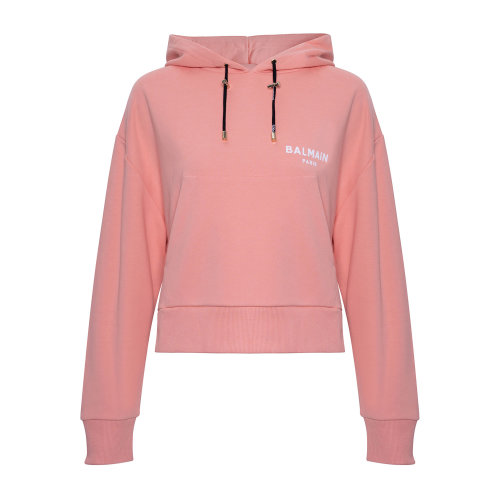 Balmain/巴爾曼 女士植絨徽標(biāo)飾Cropped帽衫連帽衛(wèi)衣 UF13792I383  早秋