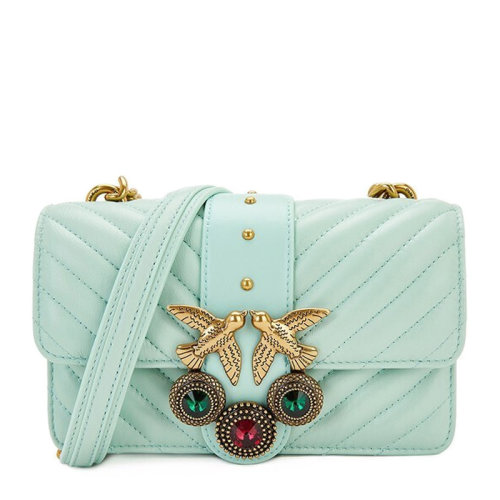 Pinko/品高女士純色人字紋絎縫羊皮金色燕子徽標復(fù)古珠寶鑲飾mini單肩包斜挎包鏈條包飛鳥包燕子包女包 1P2221 多色可選