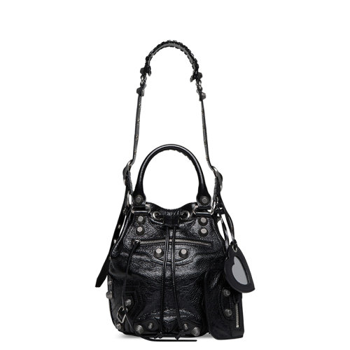 Balenciaga/巴黎世家 22新款LE CAGOLE系列 女士小號(hào)黑色小羊皮手工編織皮革提手飾銀扣肩背手提水桶包7024321VG9Y1000