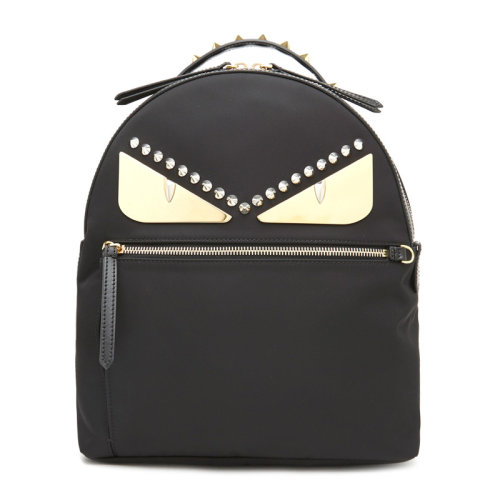 FENDI/芬迪 女士黑色尼龍配皮BagBugs小怪獸飾鉚釘時尚雙肩肩包