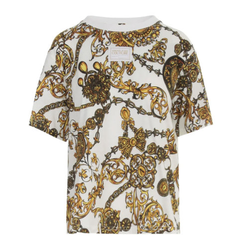 VERSACE JEANS/范思哲牛仔 女士拼色棉質(zhì)經(jīng)典巴洛克圖案印花裝飾圓領(lǐng)短袖上衣T恤 71HAH611-JS015 多色可選