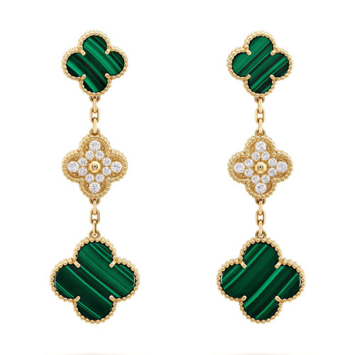 Van Cleef & Arpels/梵克雅寶 Magic Alhambra 女士綠色孔雀石鑲鉆四葉草掛墜耳環(huán) VCARO9II00