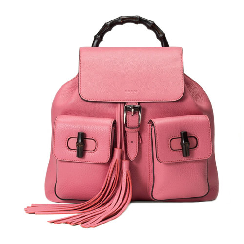 GUCCI/古馳 BAMBOO SAC系列女士純色牛皮竹節(jié)手提流蘇裝飾翻蓋抽繩背包雙肩包女包 370833-A7M0N-1000